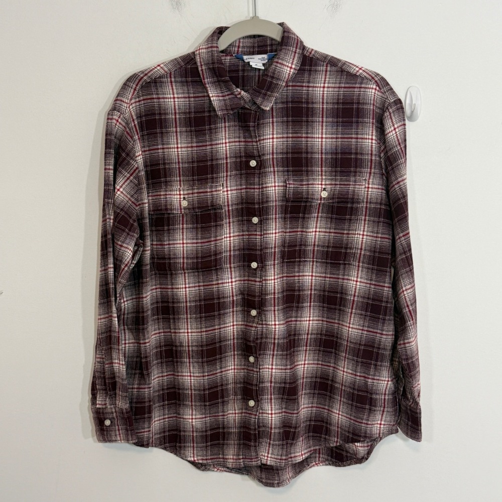 Old Navy Womens Shirt M Burgundy Plaid The Boyfriend Flannel Casual Grunge